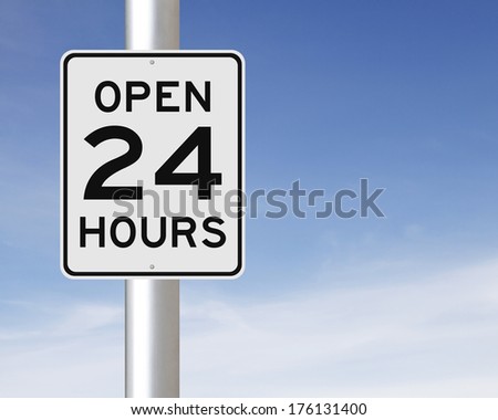 A modified speed limit sign indicating Open 24 Hours