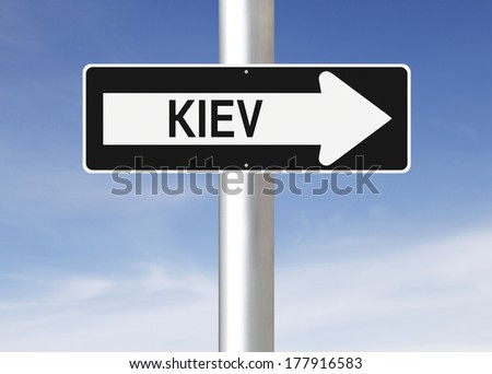 A modified one way sign indicating Kiev (Ukraine)