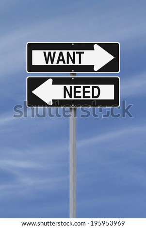 Modified one way street signs pointing in opposite directions and indicating Want and Need