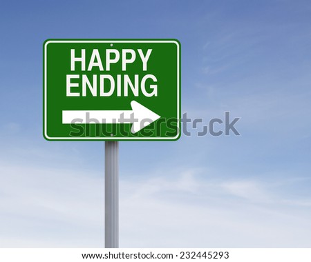 Modified one way sign indicating Happy Ending