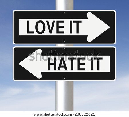 Modified one way signs indicating Love It and Hate It