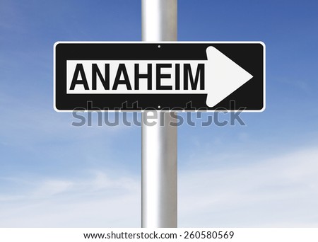 A modified one way sign indicating  Anaheim (USA)