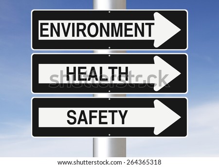 Conceptual one way street signs indicating Environment, Health and Safety