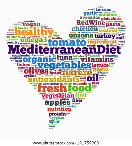 A colorful heart done with words related to the most common foods of the Mediterranean diet. The Mediterranean diet
