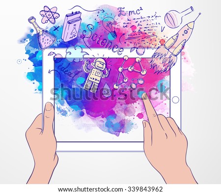Back to School: e-learning technology concept with tablet  looking like ipadewith science lab objects sketchy composition, vector illustration isolated on white.