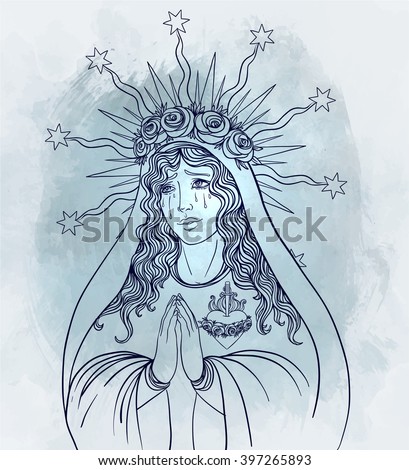 Lady of Sorrow. Devotion to the Immaculate Heart of Blessed Virgin Mary, Queen of Heaven. Vector illustration over vintage background. Religious symbol. Tattoo concept.