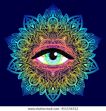 Sacred geometry symbol with all seeing eye in acid colors. Mystic, alchemy, occult concept. Design for indie music cover, t-shirt print, psychedelic poster, flyer. Astrology, esoteric, religion.