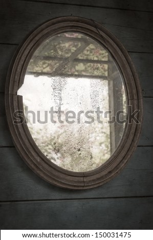 Old mirror in a wooden frame. Vintage  photo.