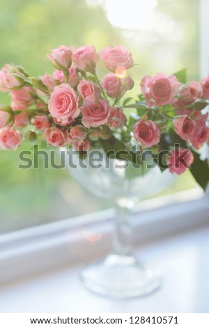 Bouquet of pink roses in vase on the window in the sunshine