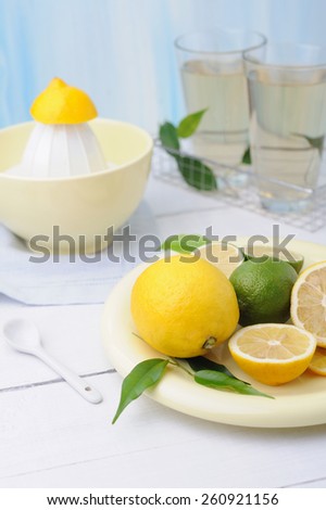 Citrus squeezer and fresh lemons being used to make fresh lemonade