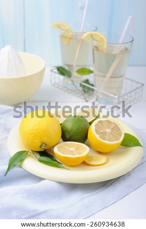 Bowl with fresh lime and lemon, squeezer and two glass of lemonade
