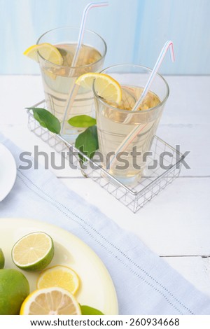 Bowl with fresh lime and lemon and two glass of lemonade on white wooden background