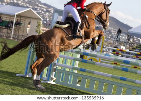 Female equestrian jumping obstacles on Show course/Equestrian jumper