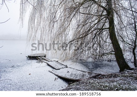 Winter landscape with snow covered tree and pier. Lake covered with thin ice.