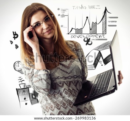 young businesswoman with laptop, isolated on white