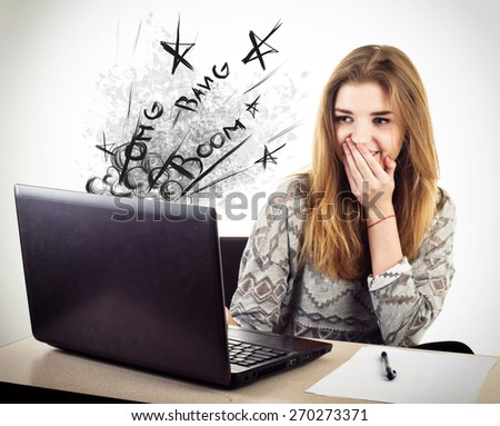 Young pretty business woman with notebook in white background