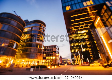 night city Dusseldorf. hotel Hyatt.Germany. Natural blurred background. Soft light effect.
