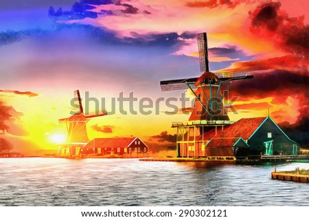 The works in the style of watercolor painting. Sunset over the mill.  Rotterdam. Holland.
