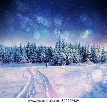 starry sky in winter snowy night. fantastic milky way in the New Year\'s Eve. Winter road in the mountains. Bokeh light effect, soft filter. Photo greeting card
