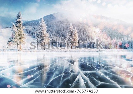 Blue ice and cracks on the surface of the ice. Frozen lake in winter mountains. It is snowing. The hills of pines. Winter. Carpathian Ukraine Europe.
