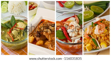 Collage photos of popular Thai food (Green curry, Massaman curry, Tom yum kung, Pad Thai)