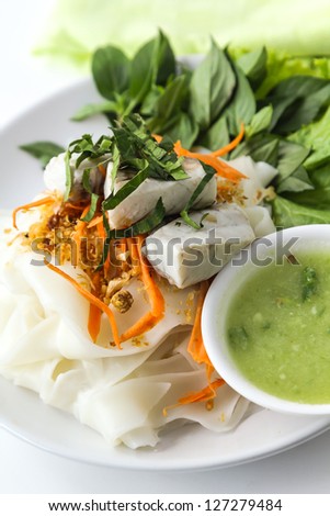 Delicious Thai Dishes,  Noodle Salad with steamed Fish and spicy sweet sour dressing.