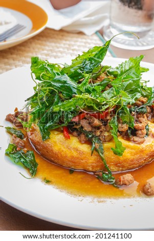 Modern Thai Food, Egg pudding topped with minced pork and Thai basil sauce.
