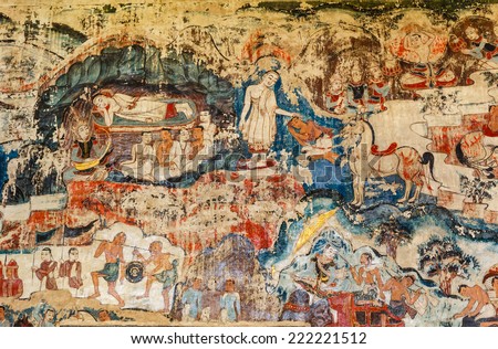 Over 300 year old mural paintings in Buak Khrok Luang  Temple  Chiangmai  Thailand.