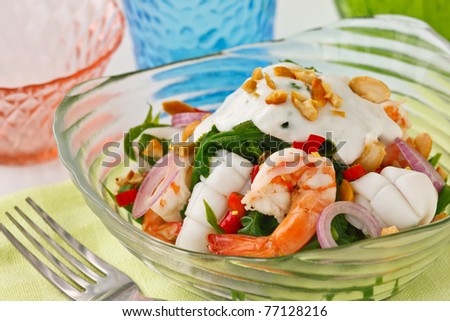 Thai fusion food, Fern and seafood salad with sour and spicy coconut milk dressing.