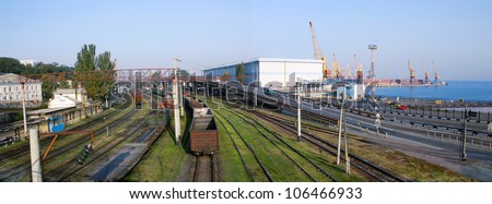 The logistics center. The transportation hub. A Railroad, a highway and a seaport. Panoramic image from several pictures. The file has native resolution