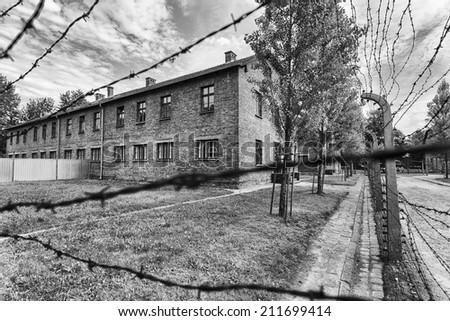 Electrical fences put up to ensure that prisoners don\'t escape at Auschwitz (also known as or Oswiecim), Poland - a WW-II site for mass-genocide by Nazis.
