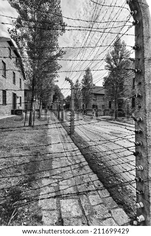 Electrical fences put up to ensure that prisoners don\'t escape at Auschwitz (also known as or Oswiecim), Poland - a WW-II site for mass-genocide by Nazis.