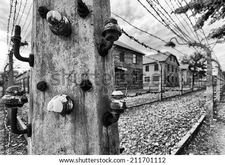 Electrified fence to stop prisoners from escaping at Auschwitz (also known as Osweicim), Poland.
