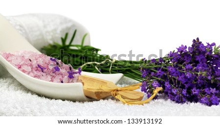 Lavender bath salt with fresh lavender flowers - spa decoration