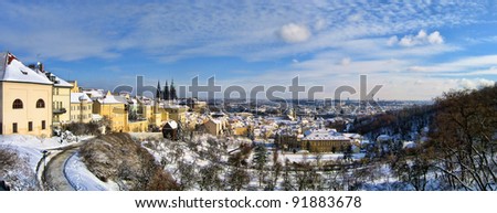 Panoramic photo of Prague in winter with snow