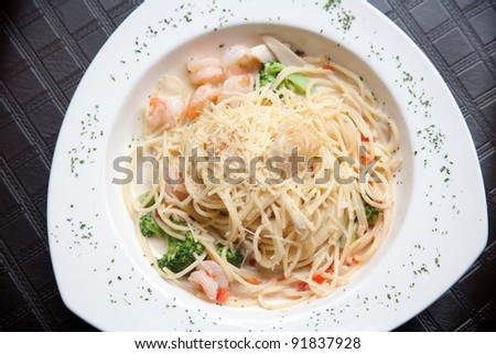 shrimp pasta on white plate