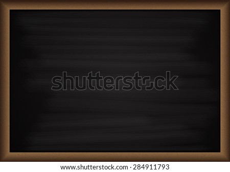 Chalkboard blackboard with frame and brush. Chalkboard texture empty blank with chalk traces and square wooden frame