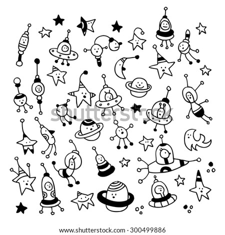 aliens, planets, stars, space cosmos characters set