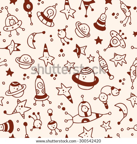 aliens, planets, stars, space cosmos characters seamless pattern