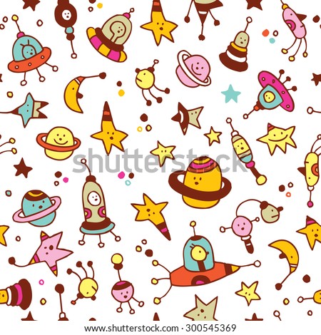 aliens, planets, stars, space cosmos seamless pattern