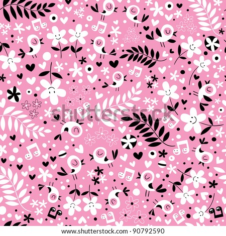 cute birds and flowers pink seamless pattern
