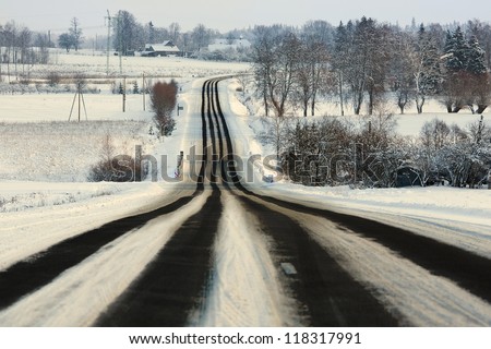 highway, road, run path, the path of the hill, the church field, perspective, winter, snow, ice, stripes on the road