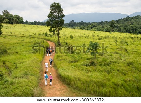 tourist Group  Walking on mountains in thailand