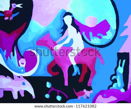 girl riding horse with many animals, blue background