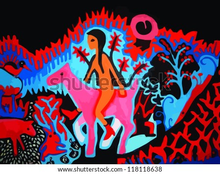 naked girl riding horse with animals, flowers