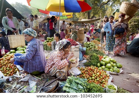 NYAUNG-U, MYANMAR - FEBRUARY 14: Trading activities on February 14, 2011 at Nyaung-U market, Myanmar. It is a local market where people come from all over the area to sell and buy products.