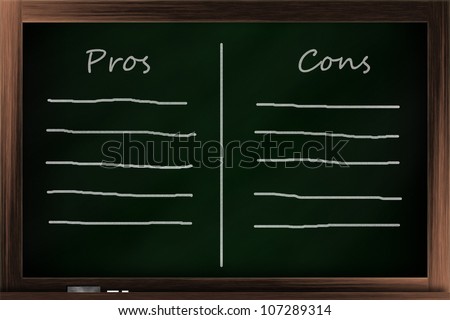 Classroom chalkboard with pros & cons list