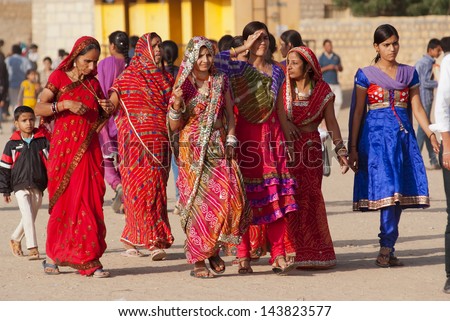 Jaisalmer, India - Feb 24: Group Of Women At The Desert Festival On Feb 24, 2013 In Jaisalmer, India. The Festival Is Held Annually In Winter To Attract Both Domestic And International Tourists.