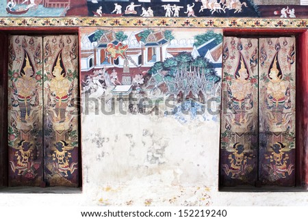 RATCHBURI, THAILAND - APRIL 13 : Details of Thai mural painting at Kongkaram Temple on April 13, 2013 in Ratchburi, Thailand. Scenes from previous life of Buddha are often shown in Thai temple's walls