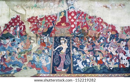 RATCHBURI, THAILAND - APRIL 13 : Details of Thai mural painting at Kongkaram Temple on April 13, 2013 in Ratchburi, Thailand. Scenes from previous life of Buddha are often shown in Thai temple\'s walls